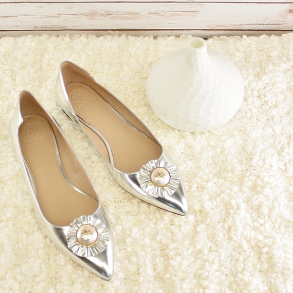 Shoes - Tory Burch Melody Metallic Leather Point Toe Flats